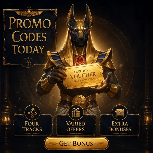 Schakalköpfiger Steward präsentiert goldenen Promo-Code-Gutschein im AmunRa Casino