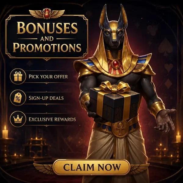 AmunRa Bonus-Aktionen elegant präsentiert von pharaonischem Steward mit goldener Geschenkbox