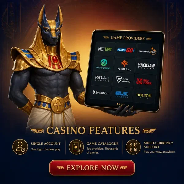 AmunRa Casino Steward präsentiert Spielfunktionen auf leuchtendem Tablet-Bildschirm